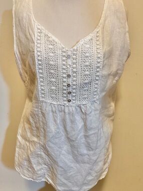 Lina Tomei White Sleeveless Fit & Flare Floral Embroidered Linen Tunic Top L